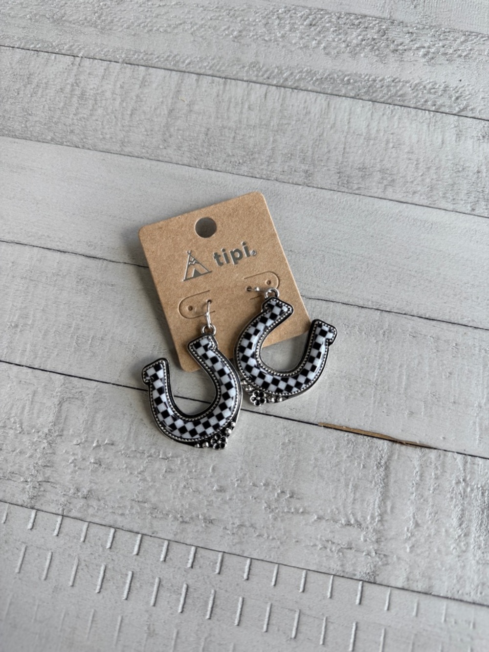 Western Fashion Black & White Checkered Horseshoe Earrings